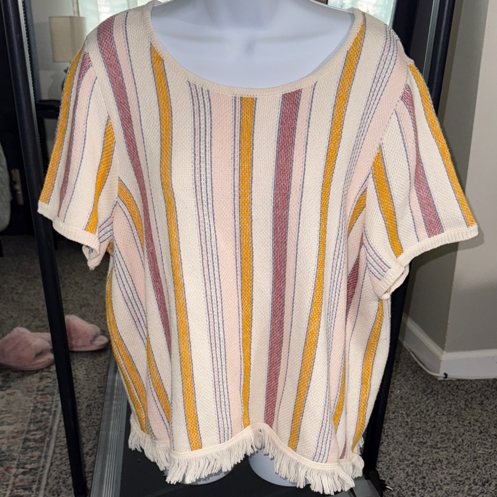 Madewell Striped Fringe Knit Top - Pink, Mustard & Cream